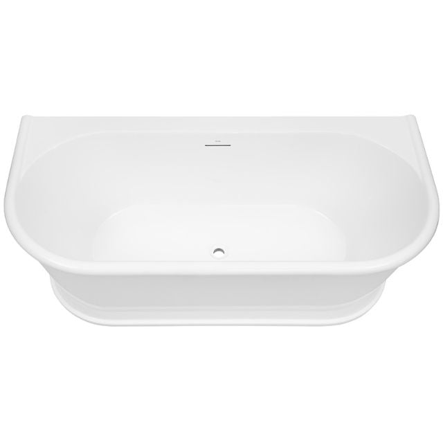 Decina Oxford white gloss back-to-wall freestanding bath, top view, oval shape with overflow on white background
