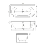Decina Oxford 1700mm back-to-wall freestanding bath technical drawing, white oval acrylic bath with overflow measurements shown