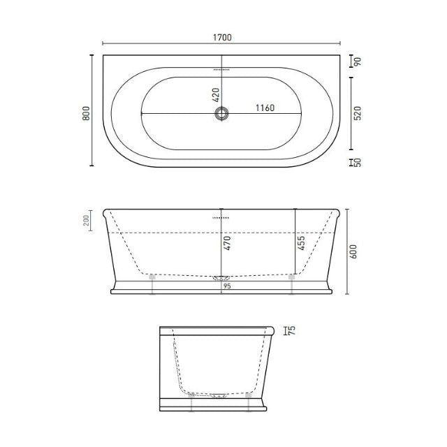 Decina Oxford 1700mm back-to-wall freestanding bath technical drawing, white oval acrylic bath with overflow measurements shown