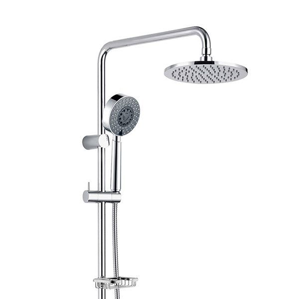 Fienza Michelle chrome multifunction rail shower with round overhead head, hand shower and soap dish on rail￼