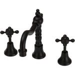 Fienza Lillian Shepherds Crook 3-piece basin tap set in matte black with cross handles and swivel spout on white background