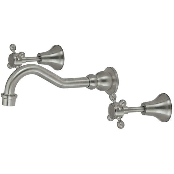Fienza Lillian Shepherds Crook bath set in brushed nickel, wall mounted three-piece tapware with cross handles and curved spout