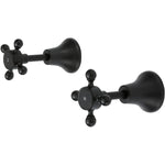 Fienza Lillian wall top assemblies in matte black, pair of vintage cross-handle taps, wall mounted, shown on white background