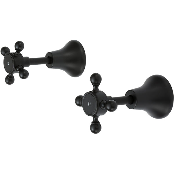 Fienza Lillian wall top assemblies in matte black, pair of vintage cross-handle taps, wall mounted, shown on white background