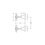 Technical drawing of Fienza Lillian wall top assemblies in matte black, showing pair of tap handles with measurements on white background