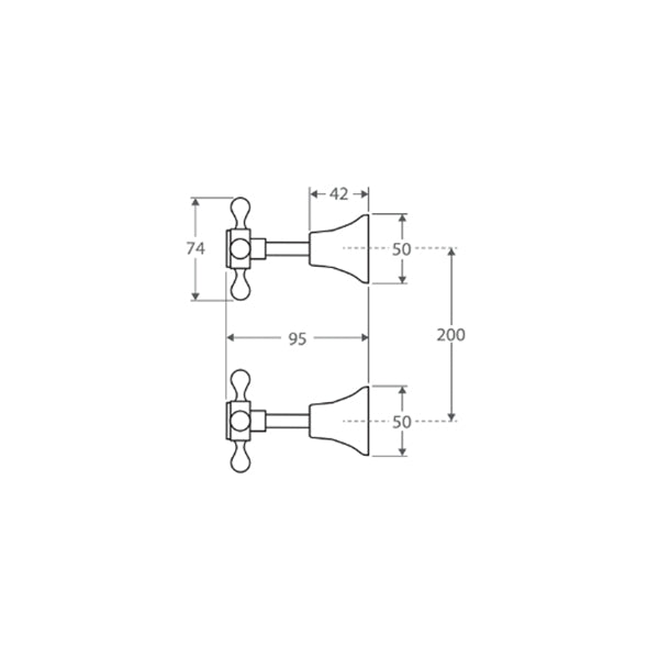 Technical drawing of Fienza Lillian wall top assemblies in matte black, showing pair of tap handles with measurements on white background