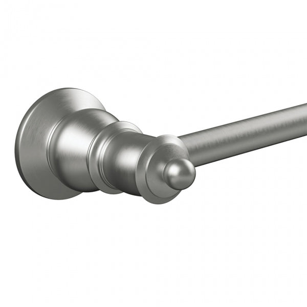 Fienza Lillian brushed nickel single towel rail close-up, showing heritage-style fixing bracket and round rail end