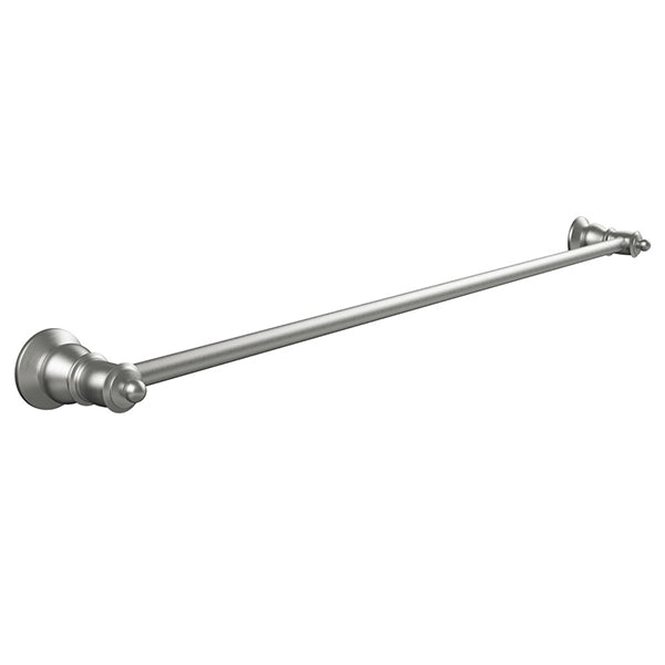 Fienza Lillian single towel rail in brushed nickel, 800mm, with round wall brackets on a white background