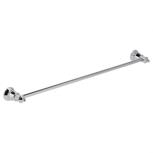 Fienza Lillian single towel rail, chrome finish, 800mm, with round wall brackets on white background