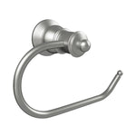 Fienza Lillian toilet roll holder in brushed nickel, wall-mounted with rounded brass arm and fixing plate