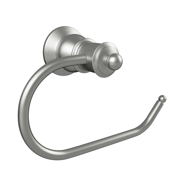 Fienza Lillian toilet roll holder in brushed nickel, wall-mounted with rounded brass arm and fixing plate