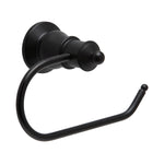 Fienza Lillian matte black toilet roll holder with round wall mount and curved arm, shown on white background