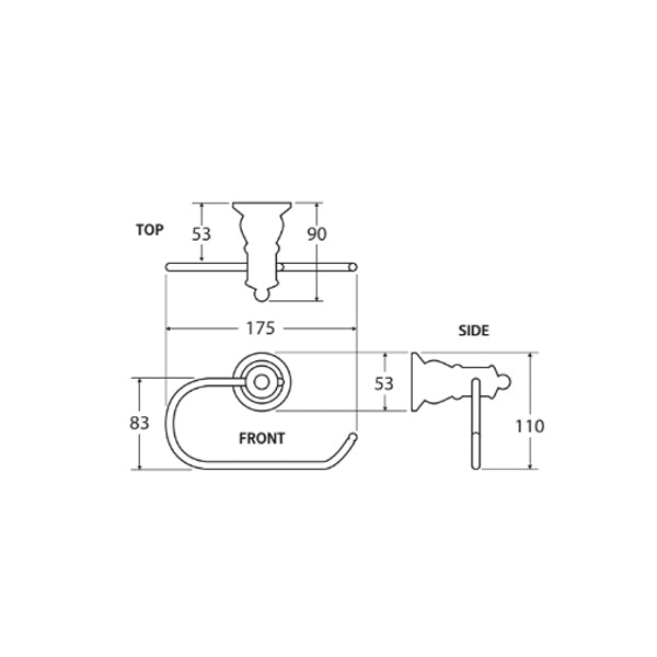 Fienza Lillian toilet roll holder technical drawing, front, top and side views with dimensions, brushed nickel finish