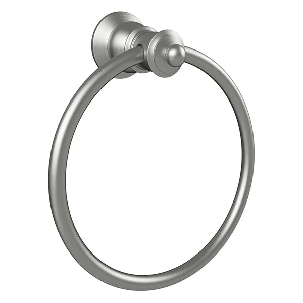 Fienza Lillian brushed nickel towel ring with heritage-style wall mount, shown on a white background