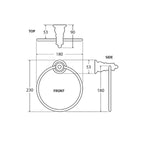 Technical drawing of Fienza Lillian towel ring in brushed nickel, showing front, top and side views with dimensions.
