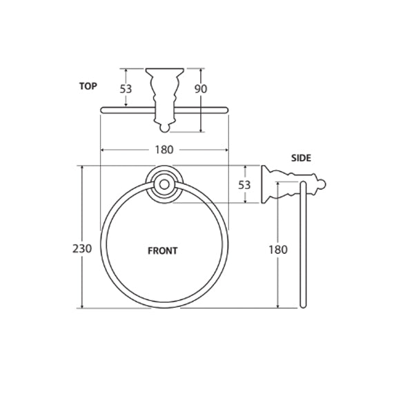 Technical drawing of Fienza Lillian towel ring in brushed nickel, showing front, top and side views with dimensions.