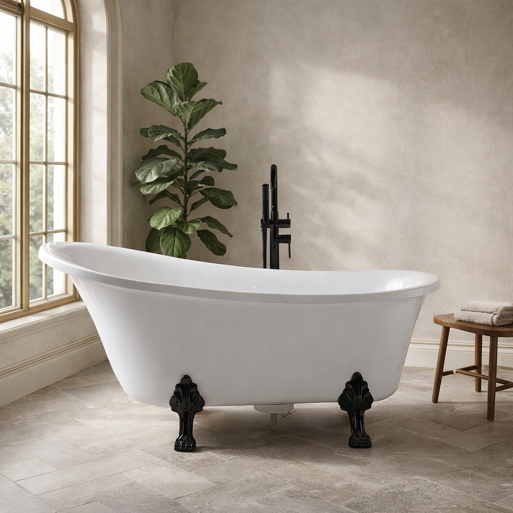 Fienza claw foot freestanding bath in white acrylic with matte black feet, shown in a traditional bathroom setting.