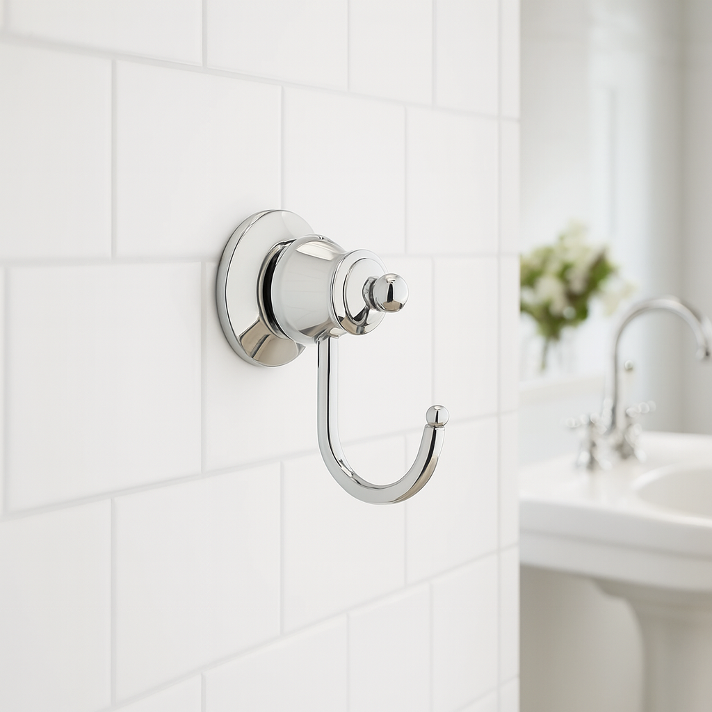 Fienza Lillian chrome robe hook on white tiled bathroom wall, with polished chrome finish and classic round backplate