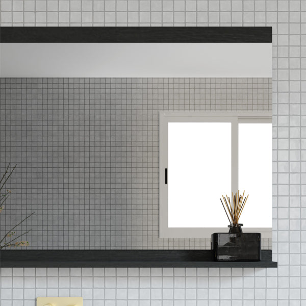 Marquis Flynn frameless rectangular mirror with shelf, white finish, wall-mounted in a tiled bathroom vanity setting