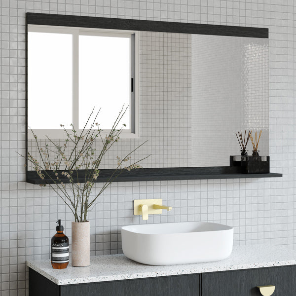 Marquis Flynn rectangular mirror cabinet in dark finish with shelf, styled above a bathroom vanity and basin