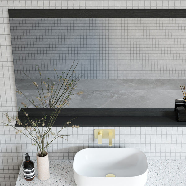 Marquis Flynn rectangular mirror with shelf in dark finish, shown above a bathroom basin in a tiled wall setting