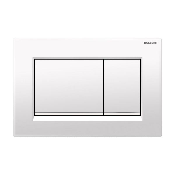Geberit Sigma 30 dual flush plate in gloss white, rectangular concealed toilet button panel