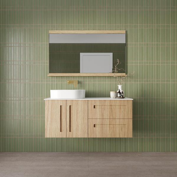 Marquis Gold wall hung vanity in natural oak with white above-counter basin and brushed gold tapware, front view