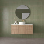 Marquis Hamilton wall hung vanity in light timber finish with white basin and solid surface top, shown in a bathroom setting