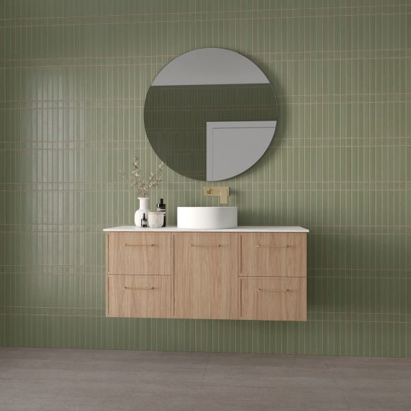 Marquis Hamilton wall hung vanity in light timber finish with white basin and solid surface top, shown in a bathroom setting