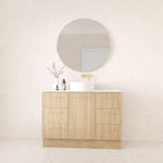 Marquis Hamilton floor standing vanity, Prime Oak woodgrain finish, white top and basin, front view with drawers and gold handles
