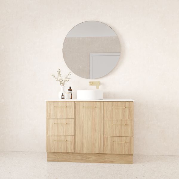 Marquis Hamilton floor standing vanity, Prime Oak woodgrain finish, white top and basin, front view with drawers and gold handles