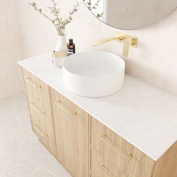 Marquis Hamilton floor standing vanity in prime oak with white solid surface top, above counter basin and brushed brass handles