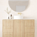 Marquis Hamilton floor standing vanity in oak woodgrain with white top, above-counter basin and brushed brass handles