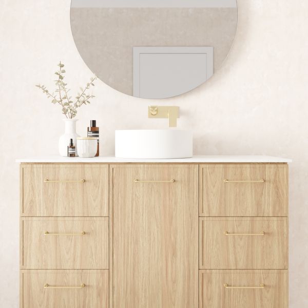 Marquis Hamilton floor standing vanity in oak woodgrain with white top, above-counter basin and brushed brass handles