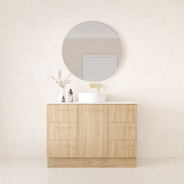 Marquis Hamilton floor standing vanity in prime oak with white solid surface top and centre basin, front view