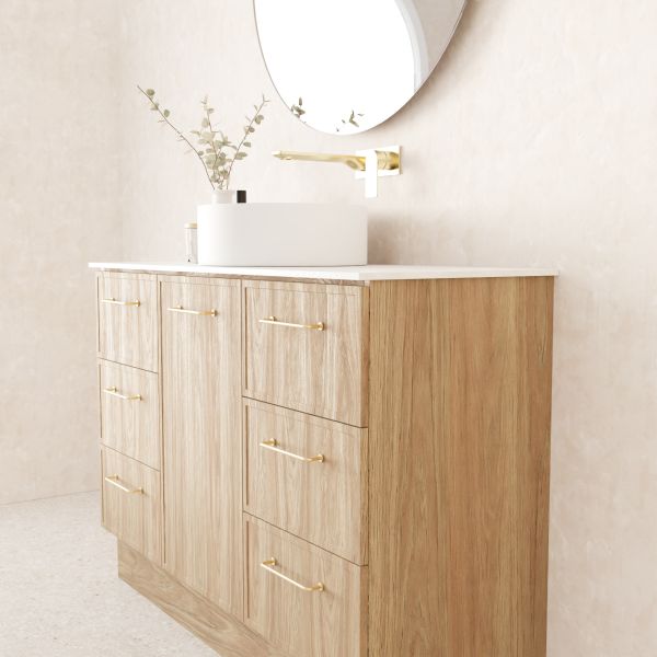 Marquis Hamilton floor standing vanity with woodgrain finish, white solid surface top and round above-counter basin in bathroom setting