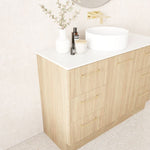 Marquis Hamilton floor standing vanity in prime oak woodgrain with white solid surface top and round basin