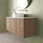 Marquis Hamilton wall hung vanity in woodgrain finish with white top and basin, shown in a bathroom setting