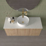 Marquis Hamilton wall hung vanity in oak finish with white solid surface top and round basin, centre bowl view