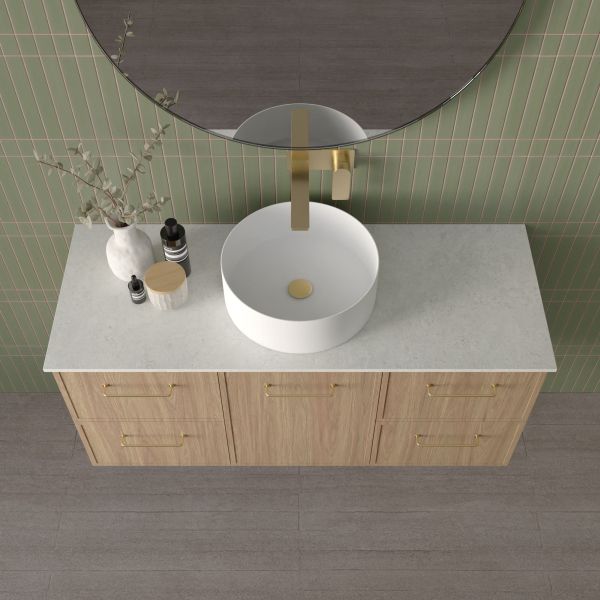 Marquis Hamilton wall hung vanity in oak finish with white solid surface top and round basin, centre bowl view