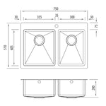 Oliveri Apollo 1 & 3/4 bowl stainless steel sink technical drawing with 750 x 510 x 200mm dimensions and 1 taphole