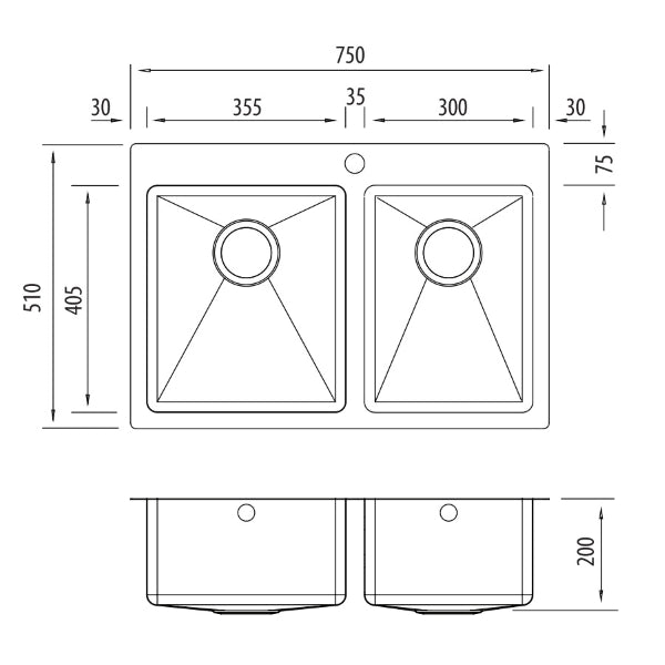 Oliveri Apollo 1 & 3/4 bowl stainless steel sink technical drawing with 750 x 510 x 200mm dimensions and 1 taphole