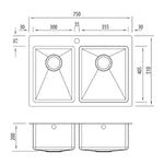 Oliveri Apollo 1 & 3/4 bowl stainless steel kitchen sink technical drawing with 1 tap hole, top and side views, 750 x 510 x 200mm