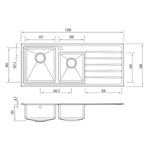Oliveri Apollo stainless steel 1 & 3/4 bowl sink with left-hand drainer, top and side technical view with dimensions