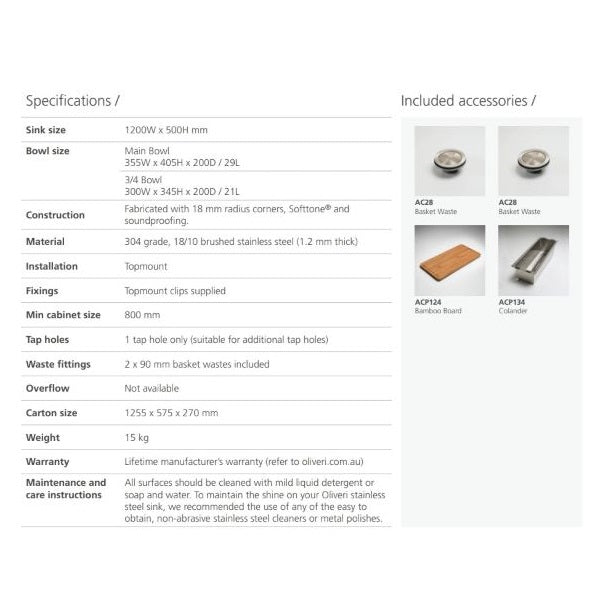 Oliveri Apollo stainless steel kitchen sink specifications sheet with included basket wastes, bamboo board and colander icons