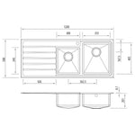 Oliveri Apollo stainless steel 1 & 3/4 bowl kitchen sink with drainer, topmount technical drawing, 1 tap hole