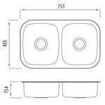 Oliveri Endeavour double bowl undermount sink technical drawing, stainless steel, 751 x 455 x 154mm with twin bowls