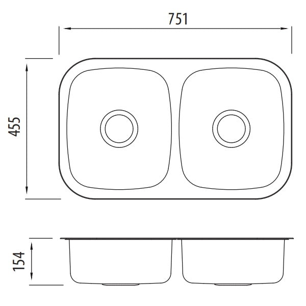 Oliveri Endeavour double bowl undermount sink technical drawing, stainless steel, 751 x 455 x 154mm with twin bowls