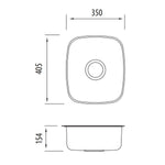Oliveri Endeavour standard bowl undermount sink technical drawing, 350 x 405 x 154 mm, stainless steel