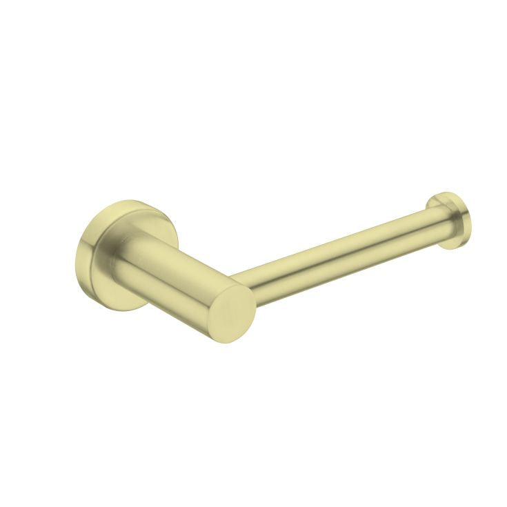 Nero Mecca toilet roll holder in brushed gold, wall-mounted bathroom accessory with slim contemporary round bar design